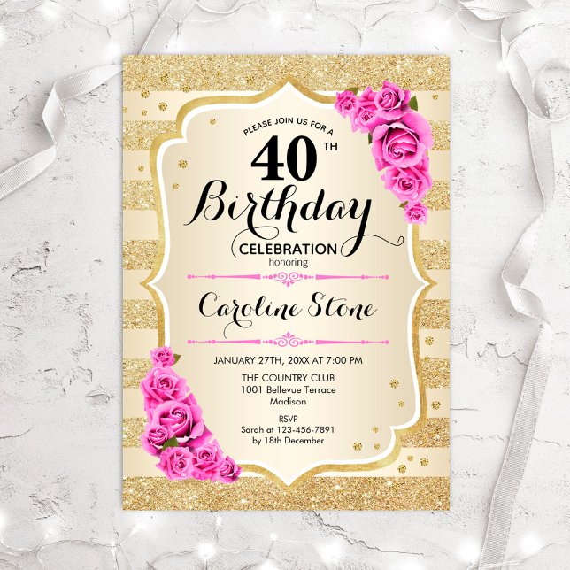 40th Birthday - Gold Stripes Pink Roses Invitation (Creator Uploaded)