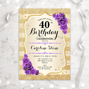 40th Birthday - Gold Stripes Purple Roses Invitation