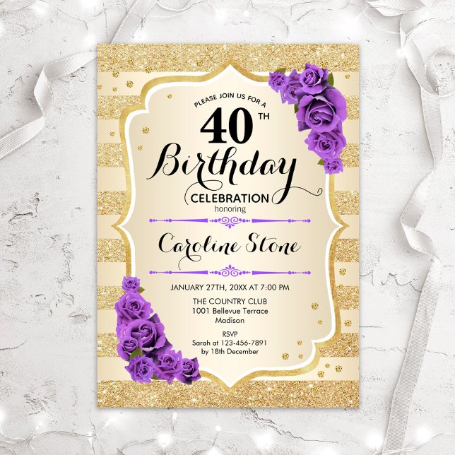 40th Birthday - Gold Stripes Purple Roses Invitation (Creator Uploaded)