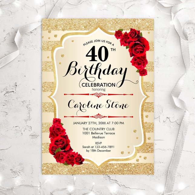 40th Birthday - Gold Stripes Roses Invitation (Creator Uploaded)