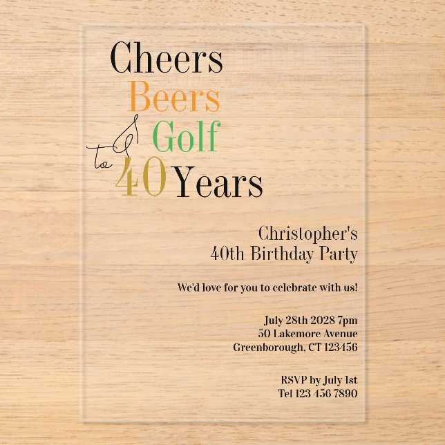 40th Birthday Golf Cheers Beers Minimal Party Acrylic Invitations (Front)
