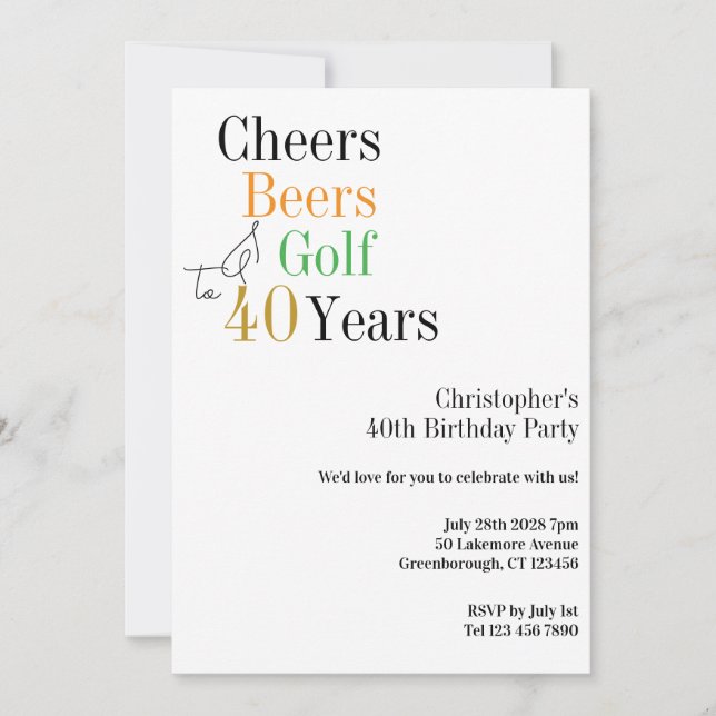 40th Birthday Golf Cheers Beers Minimal Party Invitation (Front)
