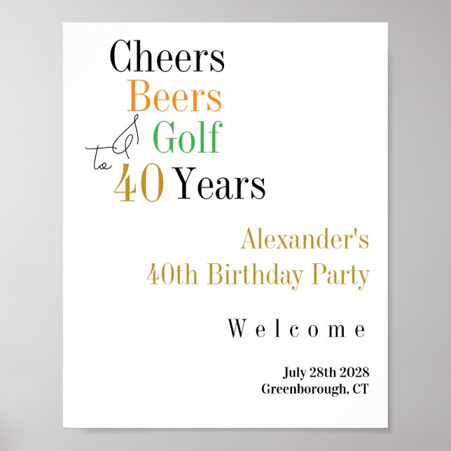 40th Birthday Golf Cheers Beers Minimal Welcome Poster (Front)