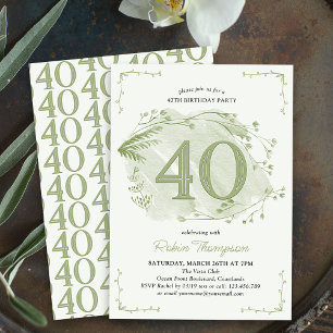 40th Birthday Green Dainty Wildflower Number 40 Invitation