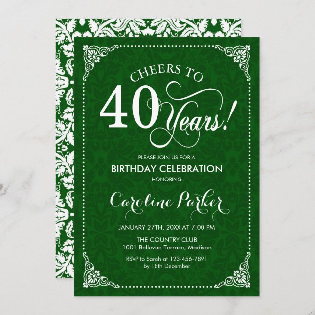 40th Birthday - Green Damask Invitation (Front/Back)