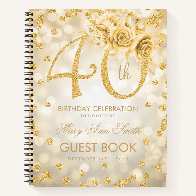 40th Birthday Guestbook Gold Glam Lights  Notebook (Front)