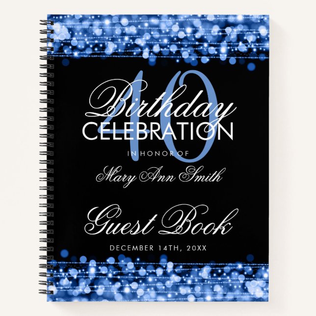 40th Birthday Guestbook Party Sparkles Blue Notebook (Front)