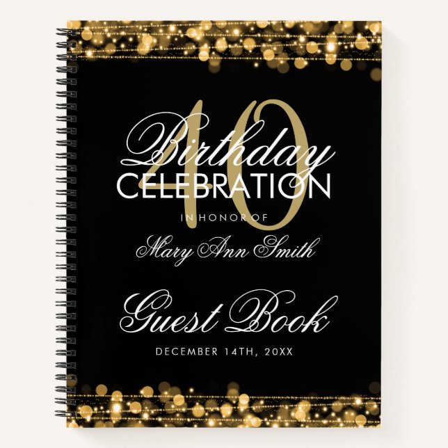 40th Birthday Guestbook Party Sparkles Gold Notebook (Front)