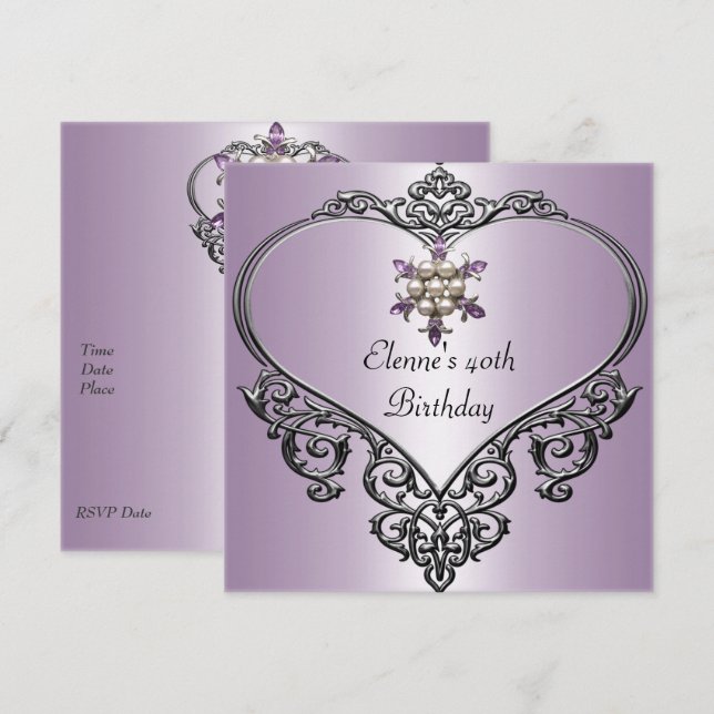 40th Birthday Heart Soft Mauve Purple Pearl jewel Invitation (Front/Back)