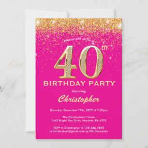 40th Birthday Hot Pink and Gold Glitter Confetti Invitation