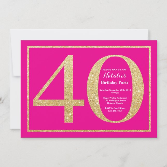 40th Birthday Hot Pink and Gold Glitter Invitation (Front)