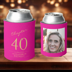 40th Birthday Hot Pink Gold Photo Template Can Cooler