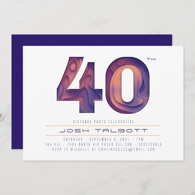 40th Birthday in Modern Purple and Gold Invitation (Front/Back)
