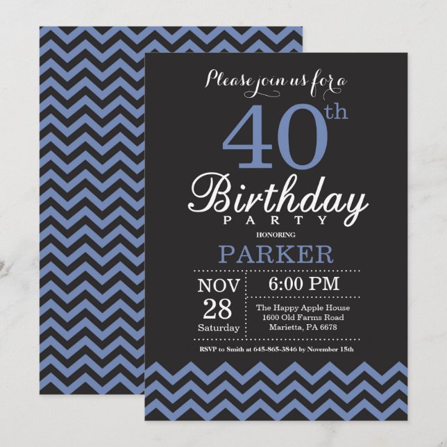 40th Birthday Invitation Black and Blue (Front/Back)