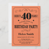 40th Birthday Invitation Black and Coral