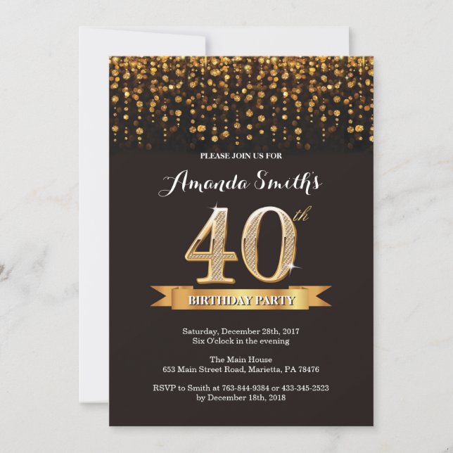 40th Birthday Invitation Black and Gold Glitter (Front)