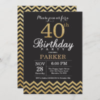 40th Birthday Invitation Black and Gold Glitter