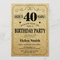 40th Birthday Invitation Black and Gold Glitter