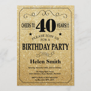 40th Birthday Invitation Black and Gold Glitter