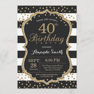 40th Birthday Invitation. Black and Gold Glitter Invitation