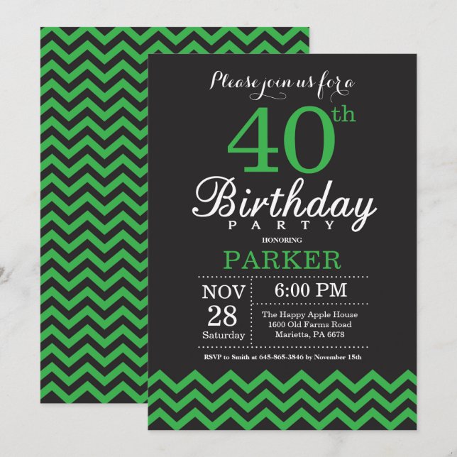 40th Birthday Invitation Black and Green Chevron (Front/Back)