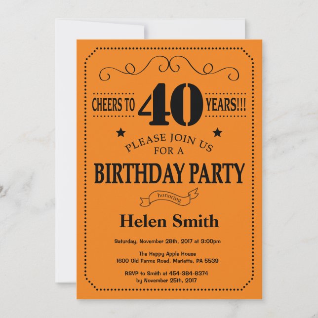 40th Birthday Invitation Black and Orange (Front)