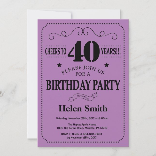 40th Birthday Invitation Black and Purple (Front)
