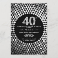 40th Birthday Invitation Black and Silver Glitter