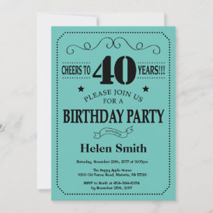 40th Birthday Invitation Black and Teal