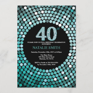 40th Birthday Invitation Black and Teal Glitter