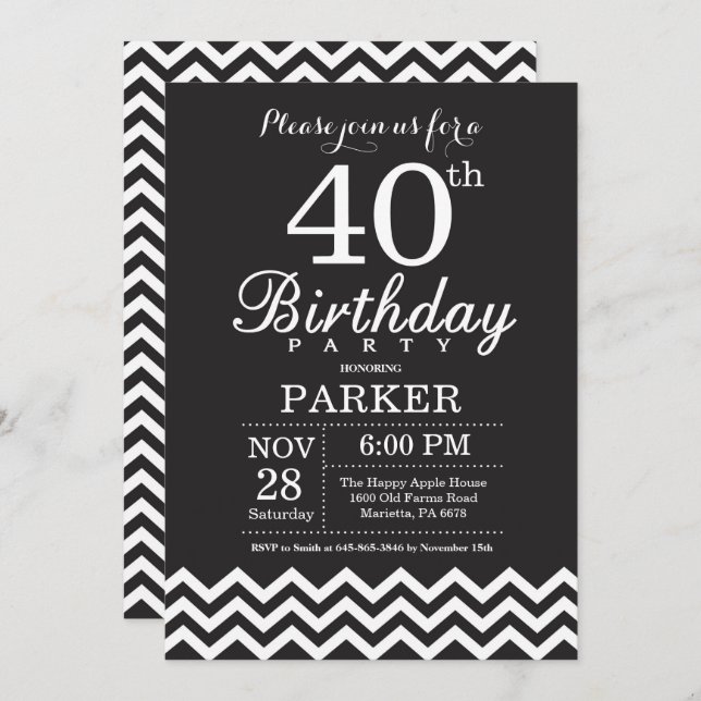 40th Birthday Invitation Black and White Chevron (Front/Back)