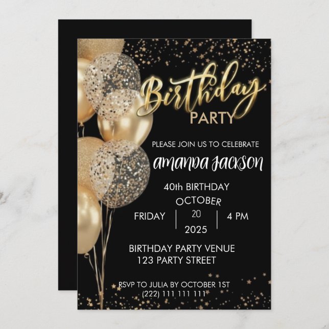 40th Birthday Invitation Black Gold Balloons (Front/Back)