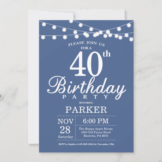 40th Birthday Invitation Blue (Front)