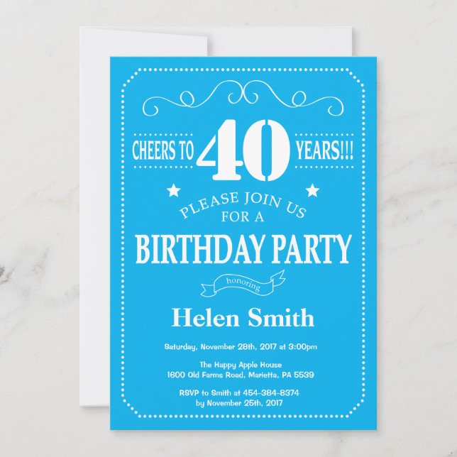 40th Birthday Invitation Blue and White (Front)