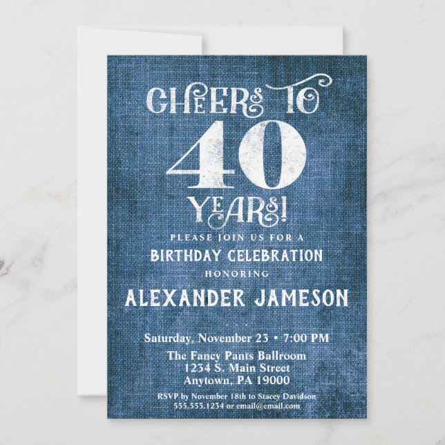 40th Birthday Invitation Blue Linen Rustic Cheers (Front)