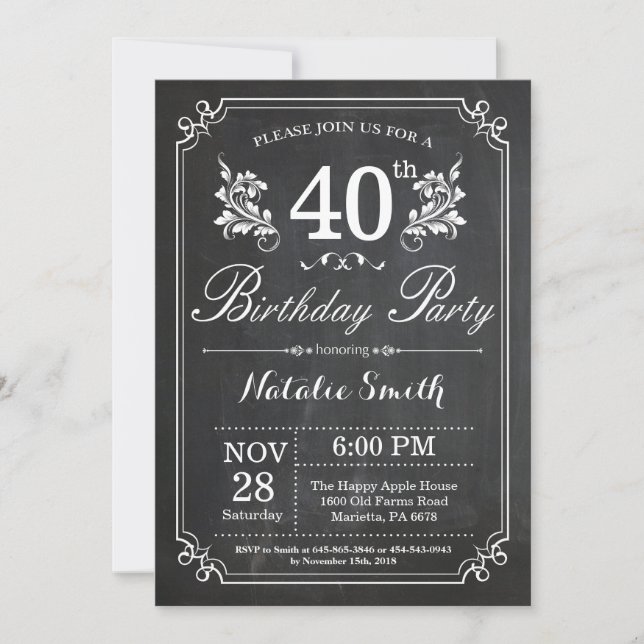 40th Birthday Invitation Floral Chalkboard (Front)