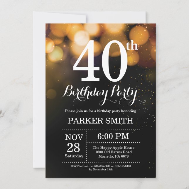40th Birthday Invitation Gold Glitter (Front)