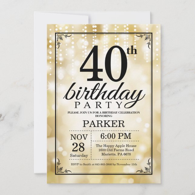 40th Birthday Invitation Gold Glitter (Front)