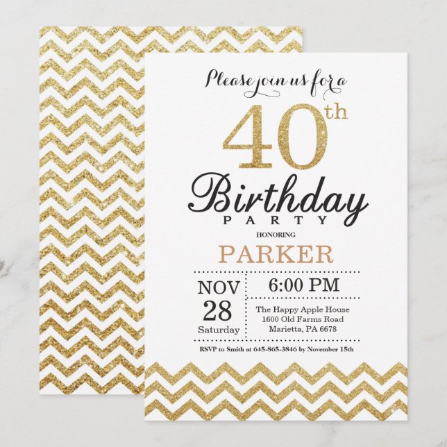 40th Birthday Invitation Gold Glitter (Front/Back)