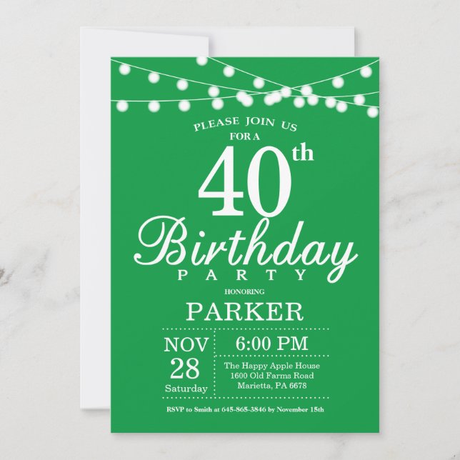40th Birthday Invitation Green (Front)