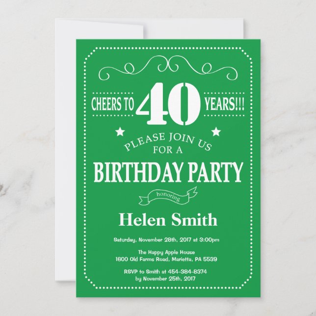 40th Birthday Invitation Green and White (Front)