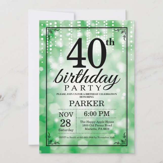 40th Birthday Invitation Green Glitter (Front)