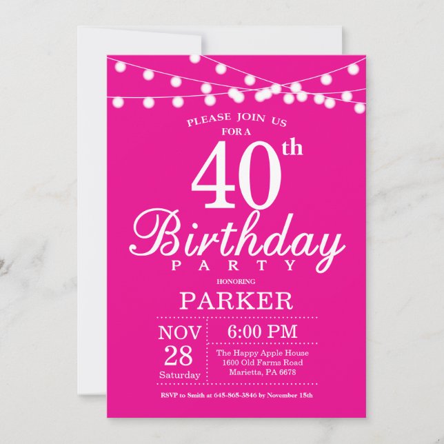 40th Birthday Invitation Hot Pink (Front)