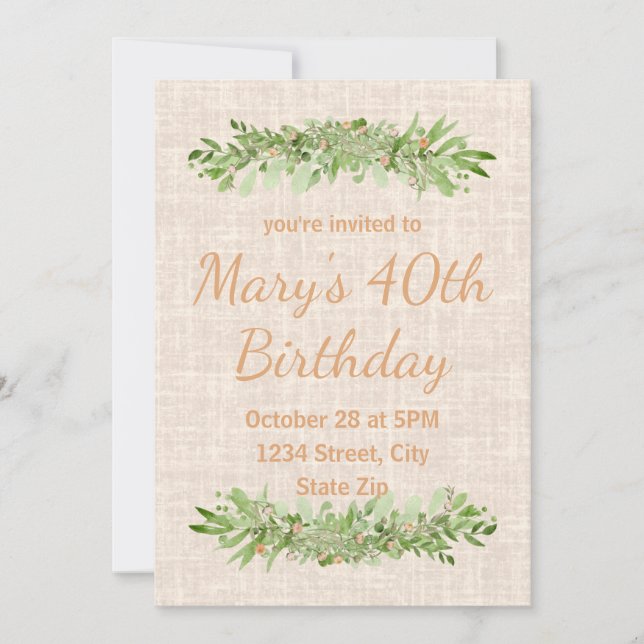 40th Birthday Invitation – Linen Greenery | Forty (Front)