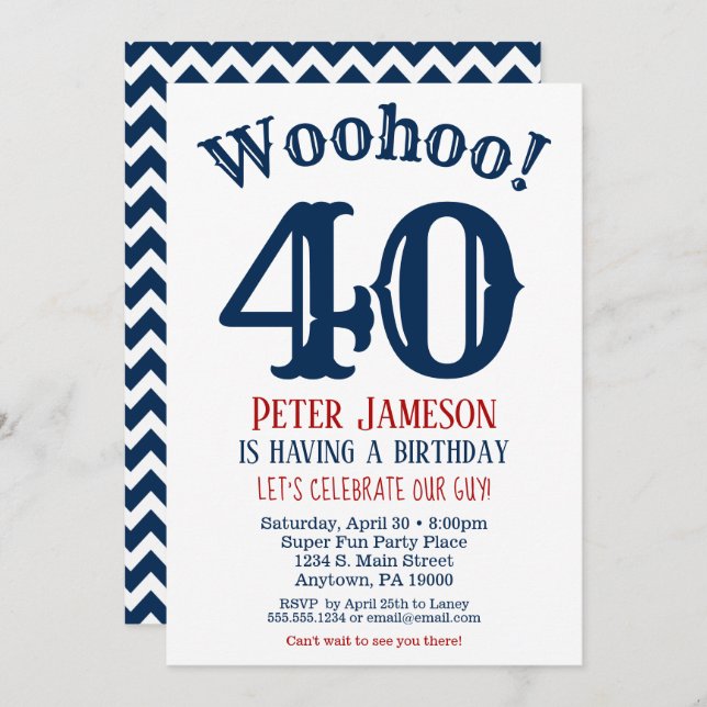 40th Birthday Invitation Mens Navy Blue (Front/Back)