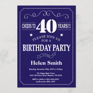 40th Birthday Invitation Navy Blue and White