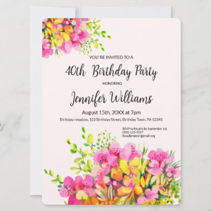 40th Birthday invitation, pink and orange flowers Invitation