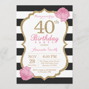 40th Birthday Invitation Pink Black Gold Floral