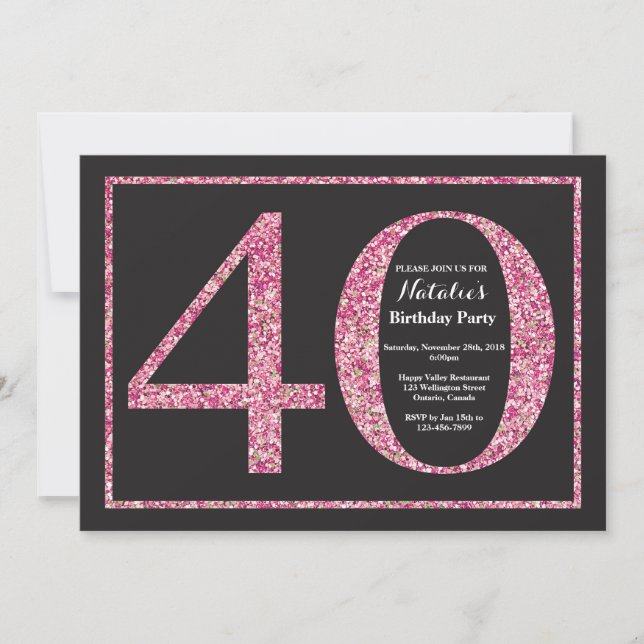 40th Birthday Invitation Pink Glitter Chalkboard (Front)