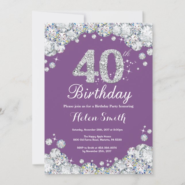 40th Birthday Invitation Purple and Silver Diamond (Front)
